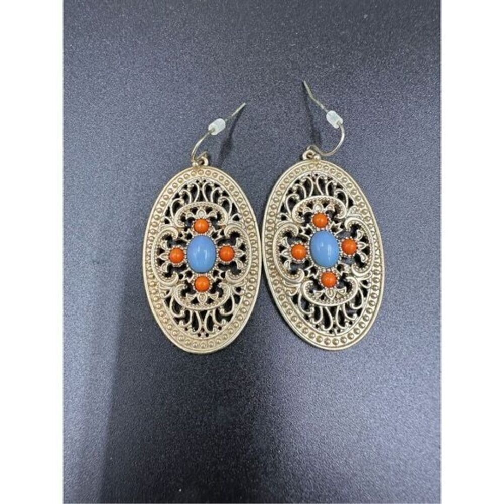 Beautiful boho artisan-look dangle earrings- blue/ coral in gold tone filigree - Picture 2 of 10